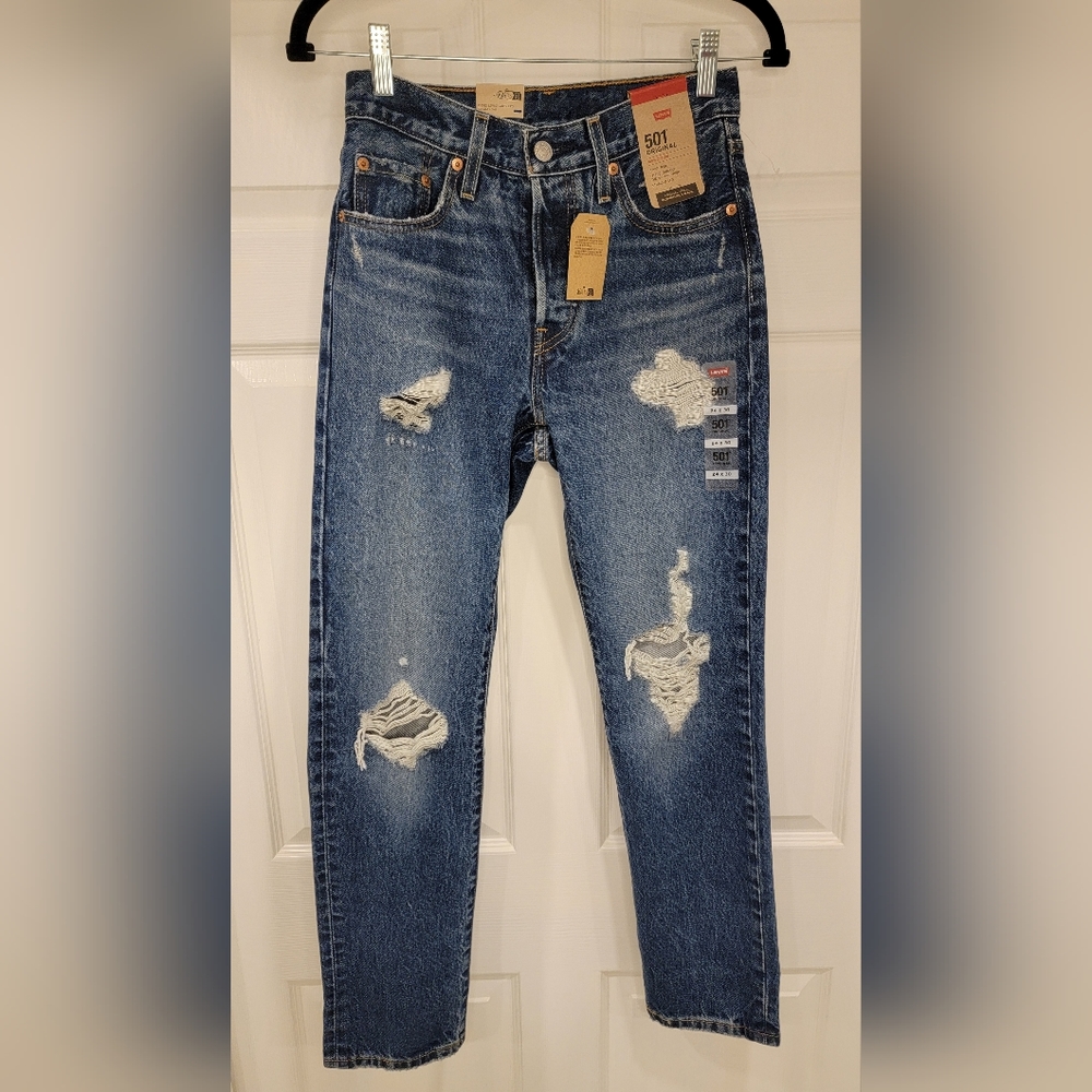 NWT Levi's 501 Original High Rise Straight Leg Medium Wash Distressed Jeans